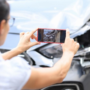 Woman capturing image of her wrecked vehicle