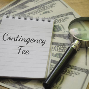 A notebook with "Contingency Fee" written on it, placed on dollar bills, with a magnifier nearby - Mullins & Blake Attorneys