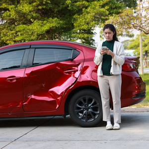 Person documenting a rideshare accident with car damage for evidence in Arkansas.