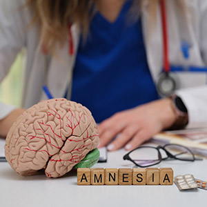 Doctor examining brain model to assess Traumatic Brain Injury (TBI) symptoms.